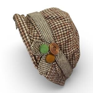 David & Young Women's Newsboy Cabbie Hat OS Brown Tan Plaid Button Accent